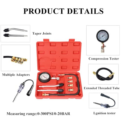 Automotive Compression Tester Kit with Spark Plug Tester,Compression Tester Petrol 0-20 Bar & 0-300 psi, Car Compression Tester for Engine Compression Test Measure Car M10 M12 M14 M18 - color: red