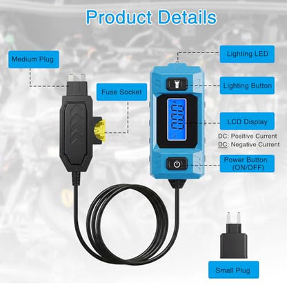 Automotive Circuit Fault Probe Tester, 20A/48V High-Precision Automotive Current Tester, Professional Car Relay Fuse Blade Checker Tester with LCD Display & Front Light (Battery Not Included)