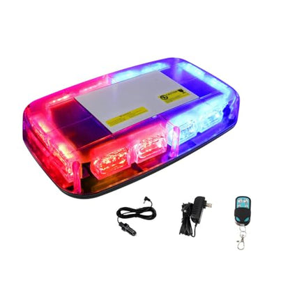 Rechargeable Red Blue Emergency Roof Top Strobe Light Wireless Battery, 48LED 17 Flashing Modes,High Low Brightness,Hazard Traffic Lights w/Magnetic Base, Remote Control for Construction Vehicles - color: Red Blue