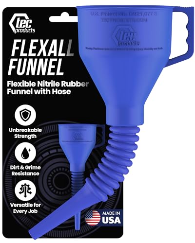 TEC Products FlexAll Long Flexible Funnels - Automotive Oil Funnel with Hose, Durable Nitrile Rubber for Oil Change, Transmission Funnel Fluid, Diesel, Fuel, Gas - Made in USA - Blue (16 x 5 Inches) - color: Blue, size: Large