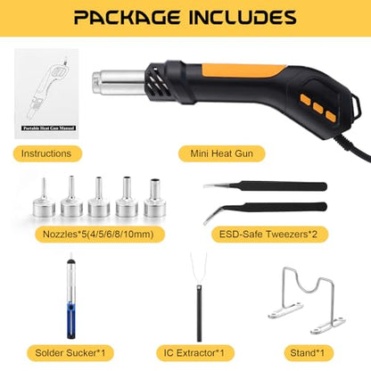 Heat Gun, 700W 212°F~932℉(100°C~500°C) Mini Soldering Heat Gun Hot Air Rework Station with LED Digital Display & 5Pcs Nozzles & 5Pcs Accessories for Crafting Shrink Tubing Electronics DIY(5FT)