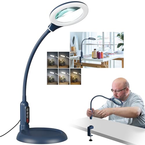 12X Magnifying Glass with Light and Stand, Real Glass, LED 5 Color Modes, Brightness Stepless Dimming Lighted Magnifier Hands Free, Flexible Gooseneck Desk Lamp with Clamp for Close Work, Craft, Blue - color: Blue