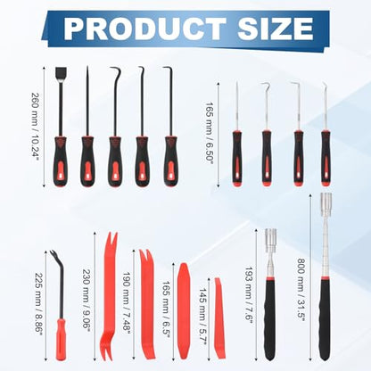 15Pcs Hook and Pick, Straight Head Magnetic Pickup Tool Plastic Pry Pieces Large Small Hook Short Pry Bar Gasket Scraper for Remove Hoses Gaskets Car Panel Fastener, Red - color: Red