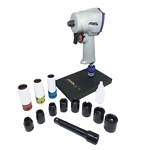 Apach Stubby Air Impact Wrench Set, Jumbo Hammer, High Torque, 1/2-Inch,1/2" Impact Sockets, Wheel Sockets, 5" Extension Bar (AW050G-SET)