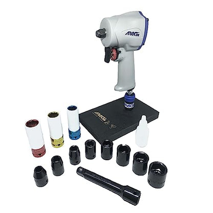 Apach Stubby Air Impact Wrench Set, Jumbo Hammer, High Torque, 1/2-Inch,1/2" Impact Sockets, Wheel Sockets, 5" Extension Bar (AW050G-SET)