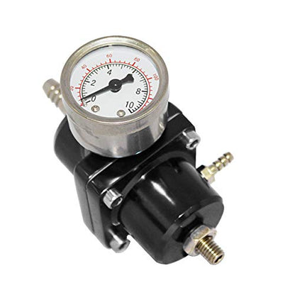 Universal Adjustable Fuel Pressure Regulator Kit with 0-140 PSI Gauge Aluminum Gas Oil Injection Pressure Regulator - color: Black