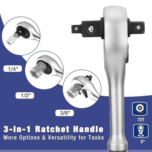WORKPRO 22-Piece Socket Set with 3-in-1 Ratchet Handle, 1/4, 3/8, 1/2 Inch Drive Socket Wrench, CR-V Metric Socket Set, Extension Bars, Storage Box Included, Mechanics Tool Sets for Auto Repairing