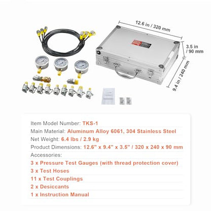 Hydraulic Pressure Test Kit, 250/400/600bar, 3 Gauges 11 Test Couplings 3 Test Hoses, Excavator Hydraulic Test Gauge Set with Portable Carrying Case for Excavator Tractors Construction Machinery | Excavator Hydraulic Test Gauge Set with Portable Carrying