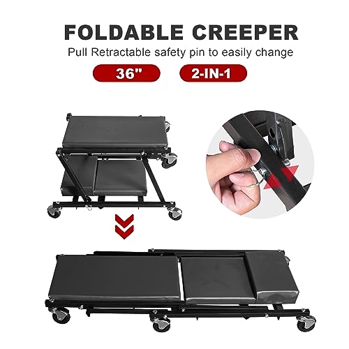 Torin 36" Rolling Foldable Car Creeper, Automotive Creeper 2-in-1 Garage Shop Creeper for Auto Repair, 300 Lbs Capacity, Black, TAM6505BB - style: Folding Creeper-36inch-Black