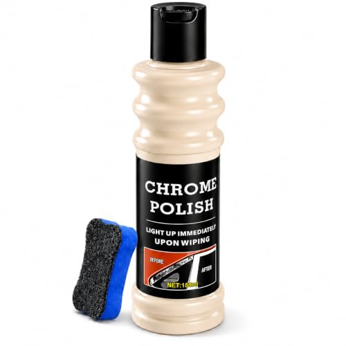 Chrome Polish & Metal Cleaner, 5.07 Fl Oz Metal Shine Restorer for Car Wheels, Rims, Exhaust Tips, Chrome Trim, Stainless Steel, Brass, Copper, Aluminum, Silver, Includes Sponge