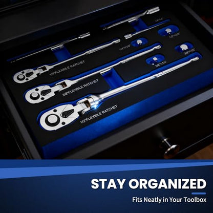 10-Piece Flex Head Ratchet Set, 1/4 3/8 1/2 Inch Drive, Swivel Head Ratchet Wrench with Extension Bars & 4 Adapters, 72-Tooth Quick-Release, EVA Storage Case for Auto & DIY Repairs - color: 10pcs