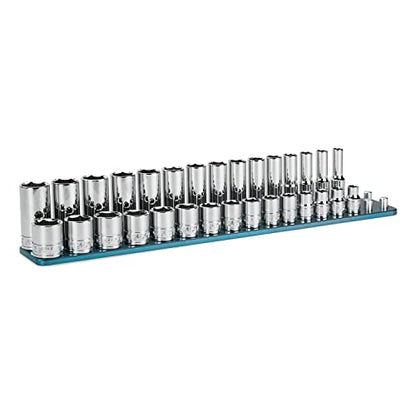 Capri Tools 3/8 in. Drive Master Chrome Socket Set, 6-Point, 8 to 22 mm, Shallow and Deep with Billet Aluminum Rail - size: Shallow & Deep Set w. Rail / 8-22 mm