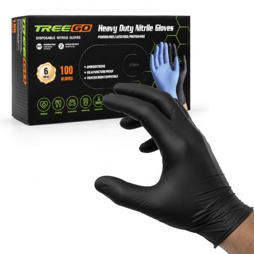 TREEGO Black Nitrile Disposable Gloves, X-Large, 6 Mil, 100 Count | Powder Free, Latex Free, 510(k) Cleared, 6 Mil Disposable Gloves for Warehouse, Maintenance & Heavy-Duty Cleaning - color: Black 100, size: X-Large