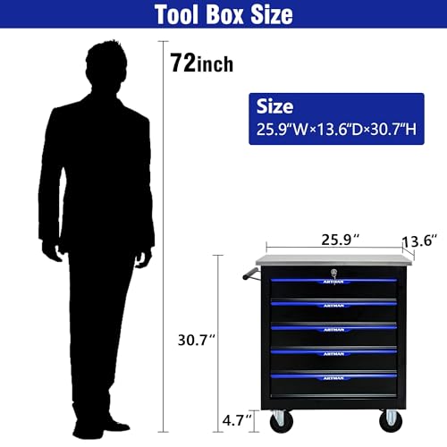 5 Drawer Heavy Duty Rolling Tool Chest, Mobile Metal Lockable Tool Cart with Stainless Steel Worktop, Garage Tool Storage Cabinet for Workshop Auto Repair, Black & Blue, 30.7" H × 25.9" W - size: 5 Drawers