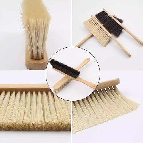 2 Pieces Woooden Dust Brush Hand Broom Bench Brush with Long Wood Handle Whisk Broom Soft Bristle Brush for Counter Bed Sofa Car Fireplace Clothes Household Cleaning (Brown) - color: Brown