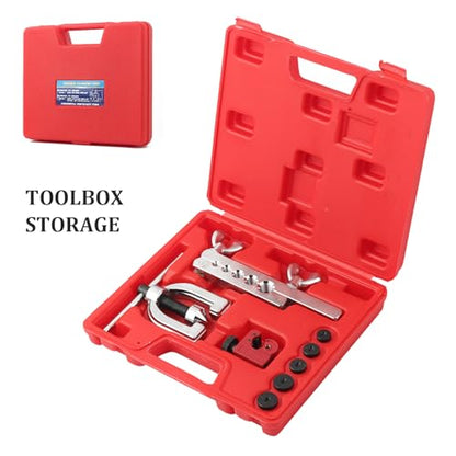 Turcee Double and Single Brake Line Flaring Tool Kit,Steel Brake Flaring Tool Kit Include 5 Adapters,Tube Cutter,Flaring Cone,Flare Rod,Professional Brake Flare Tool Kit for Brake Lines