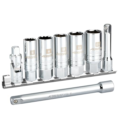 AEROFORCE 3/8-Inch Drive Spark Plug Socket Set 8PCS - Includes 6 Point Sockets 5/8-inch, 3/4-inch and 13/16-inch, 12 Point Sockets 14mm&18mm, 2 Extension Bars,Universal Joint - size: ‎8PC (14mm, 5/8", 18mm, 3/4", 13/16")