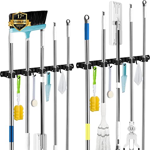 AceMining 2 Pack Black 5 Racks and 4 Hooks Mop and Broom Holder Wall Mount, Broom Organizer Storage Tool Racks Stainless Steel Heavy Duty Hooks Self Adhesive Solid Non-slip for Home Kitchen Garden | Mop Holder Wall Mount and Broom Hanger for Garage, Laund