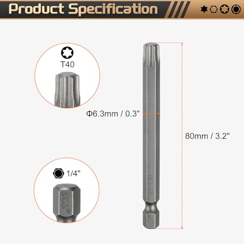 HARFINGTON 5pcs T40 Torx Head Screwdriver Bit 1/4" Hex Shank 3.2" (80mm) Long Magnetic No Hole Tip Tamper Proof 6 Point Star Screw Driver Drill Bits S2 Steel Industrial Power Screwdrivers - size: T40 x 3.15"(80mm)