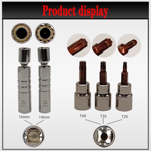 7PCS 3/8 Inch Drive Click Torque Wrench Set, 5-60 N.m with 9.8'' Long Extension Bar, 14mm 16mm Spark Plug Socket, T20 T30 T40 Bit Socket for Car Engine Repair Spark Plug Replacement
