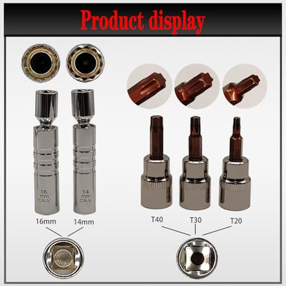 7PCS 3/8 Inch Drive Click Torque Wrench Set, 5-60 N.m with 9.8'' Long Extension Bar, 14mm 16mm Spark Plug Socket, T20 T30 T40 Bit Socket for Car Engine Repair Spark Plug Replacement