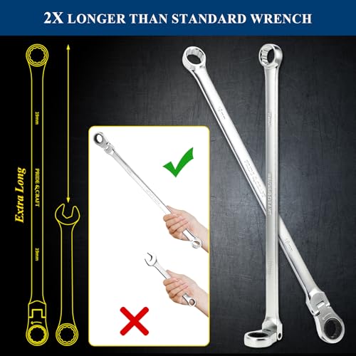 PRIDE&CRAFT 10-Piece Extra Long Ratcheting Wrench Set - Metric Flex Head Double Box End (8-19mm) 2X Longer Wrenches, Chrome Vanadium Steel with 90-Tooth Ratchet for Automotive Repair - size: 10-Piece
