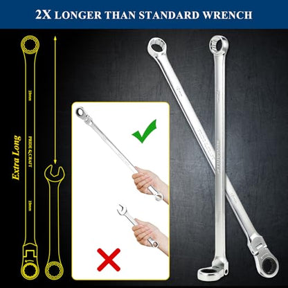PRIDE&CRAFT 10-Piece Extra Long Ratcheting Wrench Set - Metric Flex Head Double Box End (8-19mm) 2X Longer Wrenches, Chrome Vanadium Steel with 90-Tooth Ratchet for Automotive Repair - size: 10-Piece