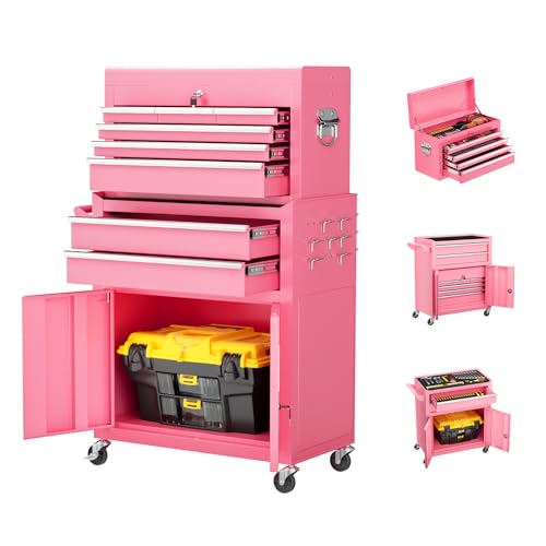 8-Drawer Rolling Tool Chest with Lock, Detachable Tool Cabinet Cart with Wheels, High-Capacity Mechanic Tool Storage for Garage Workshop Warehouse (Pink) - color: Pink