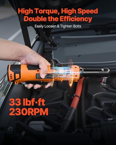 VEVOR Cordless Ratchet Wrench, 3/8 inch Drive, 230 RPM, up to 33 ft-lbs of Torque, Battery Powered Electric Ratchet Wrench Set with Two 2.0Ah Batteries, Charger, Sockets, Adaptor and Carrying Case