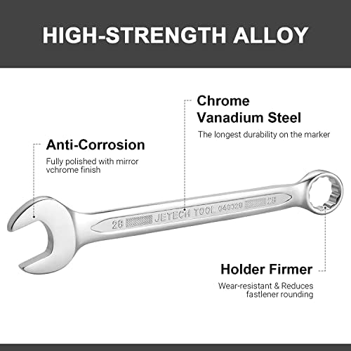 Jetech 28mm Combination Wrench - Industrial Grade, Chrome Vanadium Steel, Sand Blasted Finish, Precision-Machined 12-Point Opening, Off-Corners Design, 15-Degree Offset - size: 28mm