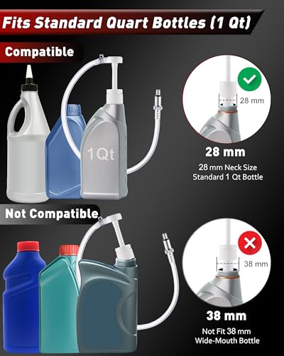 Lower Unit Gear Oil Pump for Standard Quart Bottles, 8cc Pump per Stroke, Transfer Gear Oil, Differential & Tramsmission Fluid, Hand Fluid Pump for 28mm bottle caps, 3 Metal & 3rd Adapters - color: White, Quart Pump
