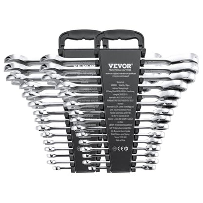 VEVOR Combination Wrench Set, 30-Piece Ratcheting Wrench Set with Organizer Rack, Cr-V Steel Wrench Set SAE 1/4" to 1", Metric 8 mm to 24 mm, Ideal for General Household, Garage, Workshop, Emergency | SAE 1/4" to 1", Metric 8 mm to 24 mm, Cr-V Steel, with
