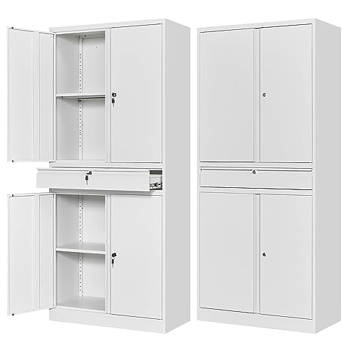 Letaya Metal Garage Storage Cabinet with Drawer,4 Door Tool Cabinet with Lock-2 Adjustable Shelves for Garage Home Office Utility Room (White) - color: White, size: 1 Drawer-No Wheels