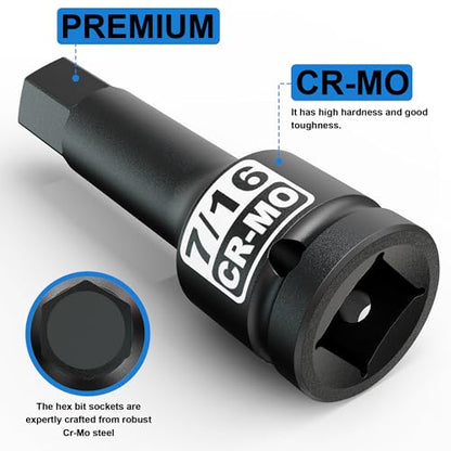 1/2" Drive H7/16-Inch Impact Hex Bit Socket, SAE Allen Bit Socket, Cr-Mo Steel, Removing Loosening Hexagon Bolts - size: 1/2" H7/16 Deep