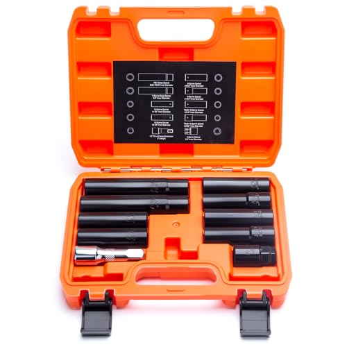 Dynofit Spline Lug Nuts Socket Set (10Pcs) with 1/2" Drive Impact Square End for Spline & Hex Wheel Lock Removal - Fits 5,6,7,10,12 Point Tuner Lug Nuts