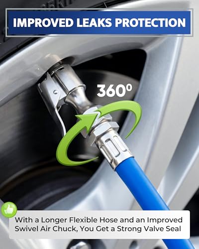 Tire Inflator with Pressure Gauge and Longer Hose - Most Accurate, Heavy Duty Air Chuck with Gauge for Air Compressor Tire Inflator Attachment - 100PSI - size: Schrader