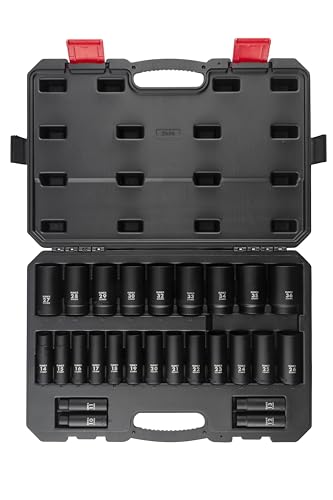 SUNEX TOOLS 2646, 1/2 Inch Drive Deep Impact Socket Set, 26-Piece, Metric, 10mm-36mm, Cr-Mo Alloy Steel, Radius Corner Design, Heavy Duty Storage Case