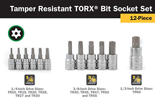 Titan 16121 12-Piece Tamper Resistant Torx Bit Socket Set, Magnetic Socket Organizer with Laser-Etched Size Markings - style: TR Torx