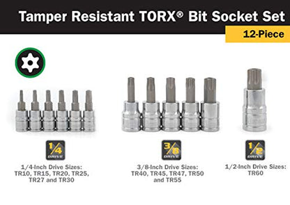 Titan 16121 12-Piece Tamper Resistant Torx Bit Socket Set, Magnetic Socket Organizer with Laser-Etched Size Markings - style: TR Torx