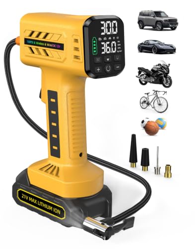Tire Inflator Portable Air Compressor, 160 PSI Cordless Tire Inflator with 10,000mAh Battery & 12V DC, Auto Shut-Off Digital Display, Replaceable Hose for Car SUV Motorcycle Bike Balls - Yellow - color: Yellow