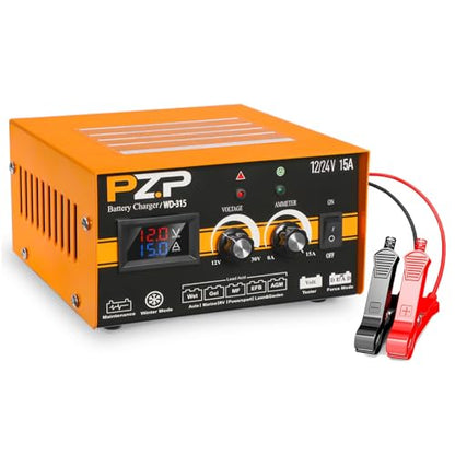 PZP 0-15Amp12V 24V Manual Battery Charger Maintainer, Arbitrarily Adjustable Car Battery Trickle Charger, Battery Desulfator with Repair, Winter Mode, Suitable for Motorcycle Car Truck Lawnmower Boat - color: Yellow-Manual