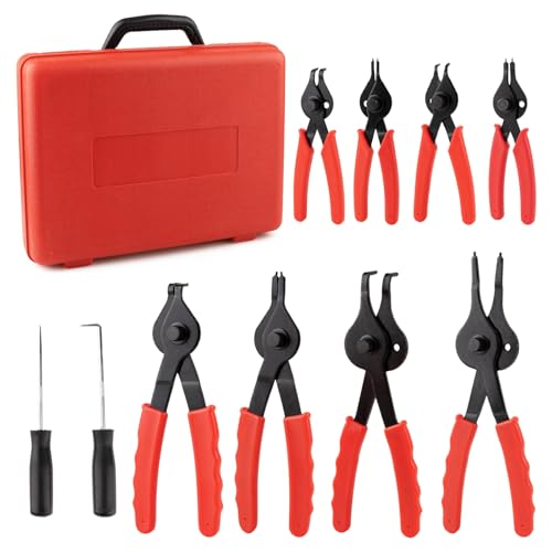 10-Piece Snap Ring Pliers Set, Heavy Duty Internal & External Circlip Pliers Kit with Straight/Bent Tips, Hook, Pick, C-Clip Ring and Circlip Removal Tool for Automotive & Mechanical Repair