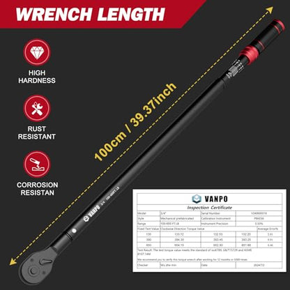 VANPO 3/4-inch Drive Click Torque Wrench, 100-650Ft-Lb/135.5-880.8Nm, | Industrial Adjustable Torque Wrench Set with a Hex Key for Oil Rigs, Trucks & Off-Road Equipment - size: 3/4-Inch(100-650 Ft-Lb/135.5-880.8 Nm)