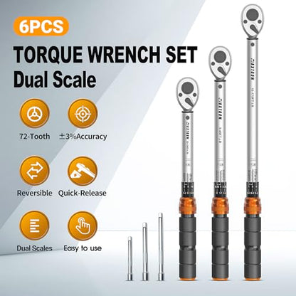 Click Torque Wrench Set, 1/4" 3/8" 1/2" Drive | 6-Piece Combo Kit with Extension Bars, 72-Tooth, ±2% Accuracy, Dual Scale, Designed for Automotive Motorcycle Bike - size: 1/4,3/8,1/2" Set