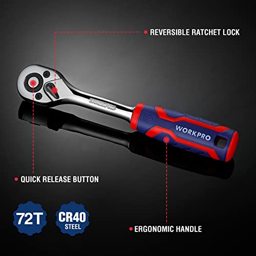 WORKPRO 3-Piece Ratchet Set, 1/4", 3/8", 1/2" Drive Ratchet Wrench | Quick-Release Reversible, 72-Tooth, Chrome Alloy Made - size: 3-Piece Set: 1/4", 3/8", 1/2"