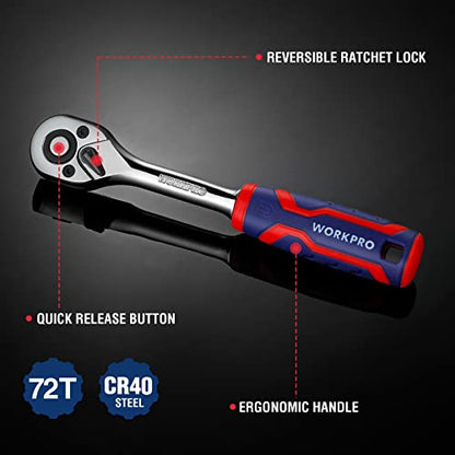 WORKPRO 3-Piece Ratchet Set, 1/4", 3/8", 1/2" Drive Ratchet Wrench | Quick-Release Reversible, 72-Tooth, Chrome Alloy Made - size: 3-Piece Set: 1/4", 3/8", 1/2"