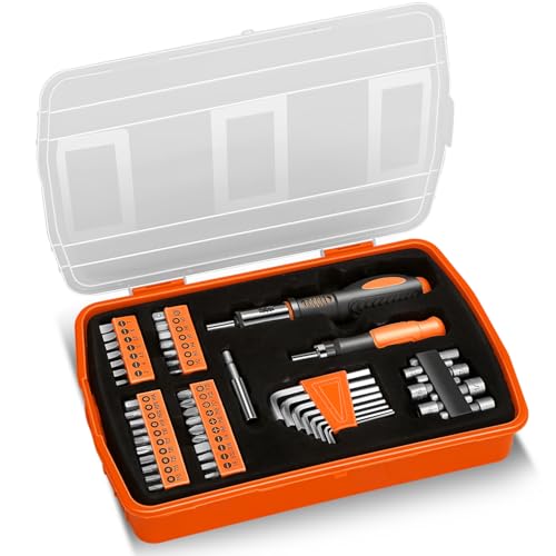 Auto Dynasty Tool Kit for Home 50Pcs, Home Repair Tool with Magnetic Screwdriver Socket and Ratchet Bit Driver Tool Set, All in One Plastic Storage Case for Garage, Warehouse, Auto Repair (Orange) - color: Orange, size: 51 Pcs