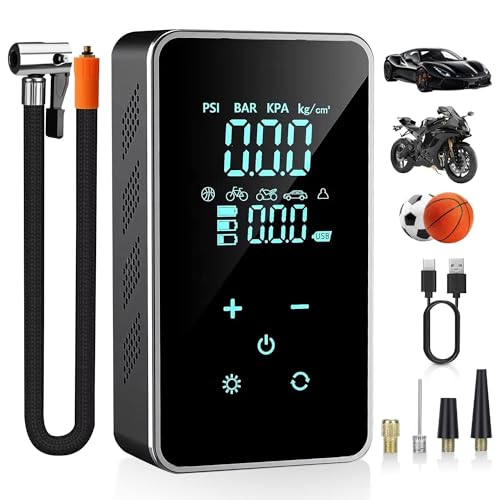 OAF Portable Tire Inflator Air Compressor – Cordless 150 PSI Digital Car Tire Pump with Auto Shut-Off, LED Light & Nozzles for Car, Motorcycle, Bike, Balls & Inflatables