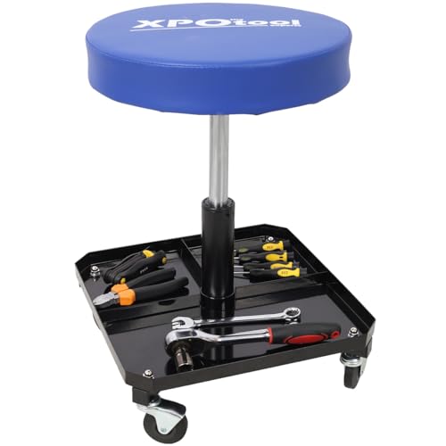 ZeHuoGe 250LBS Adjustable Rolling Mechanic Stool, Garage Workshop Creeper Seat with Tool Tray Storage & 360° Casters, Black Blue