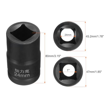 HARFINGTON 4 Point Square Socket 1" Drive by 24mm Metric Square Impact Socket 40CR Blackening Standard Wheel Sockets Pneumatic Socket Tool for Auto Repair Mechanical Maintenance Home Use - size: 24mm